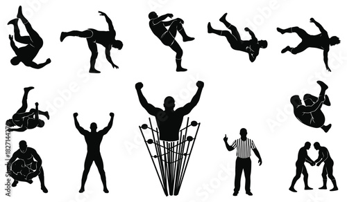 Wrestling sport silhouettes set: dynamic action, grappling, winner, referee, ring Vector
