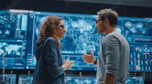 Two analysts reviewing data on multiple screens in a control environment
