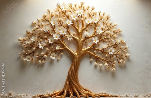 Golden tree of life 3D wall mural with white flowers on textured beige background. Tree branches and roots are golden. White flowers adorn tree. Wall decoration for interior design.