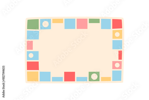 Flat money game board with colorful pieces. Simple boardgame design featuring a map and route layout. Fun play concept for table games, hobbies, or leisure activities.