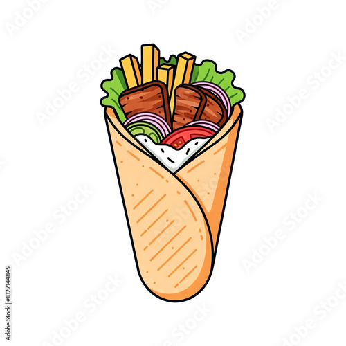 ''Colorful cartoon illustration of a delicious Greek gyros wrap with meat, fries, and fresh vegetables, isolated on black.''