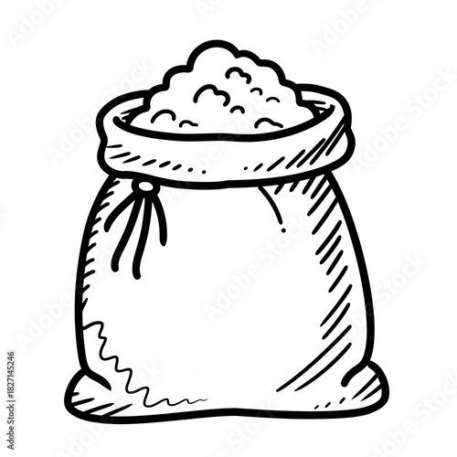 Simple hand-drawn white sack filled with contents against a transparent background perfect for design projects