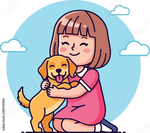 Cute cartoon girl happily hugging an adorable golden puppy.