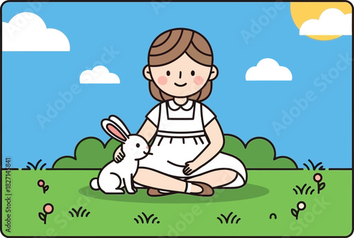 Cute cartoon girl in a white dress sitting with a fluffy rabbit.