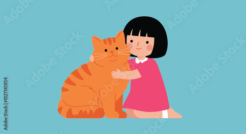 Cute cartoon girl with black hair hugging a large orange cat.