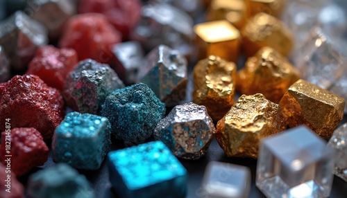 Collection of colorful metallic and nonmetallic mineral samples in various shapes and sizes. Gems and crystals glisten with vibrant shine. Rocks form abstract background for science or industry.
