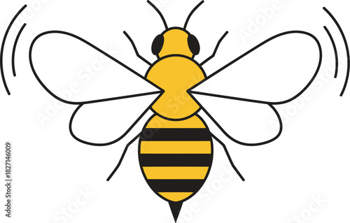 Simple cartoon illustration of a buzzing bee with flapping wings.