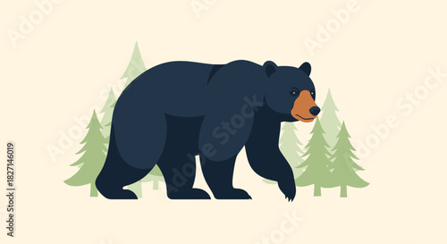 Stylized flat design illustration of a walking black bear.