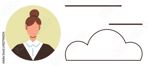 Female avatar in a circle next to a minimalistic cloud outline and text lines. Ideal for networking, online profiles, communication, connectivity, cloud storage, teamwork, simple flat metaphor