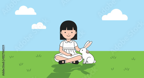Young Asian girl with black hair sitting with a white rabbit.