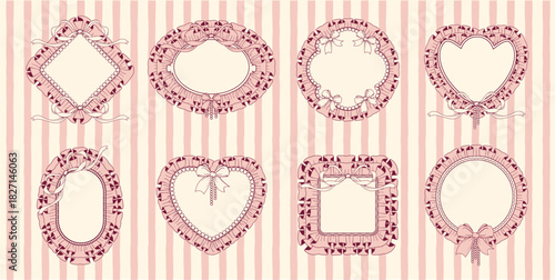 Set of vintage pink ruffle frames with bows, ribbons, and pearls. Heart, round, oval, and square shapes. Perfect for cute labels, scrapbooking, stationery, and coquette designs.Vector Illustration