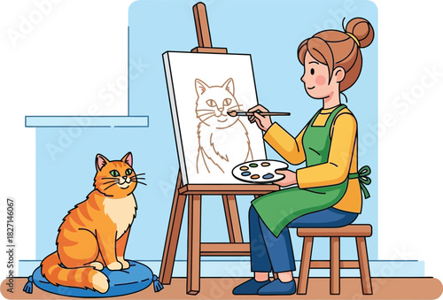 Young female artist painting a portrait of her ginger cat on a canvas.