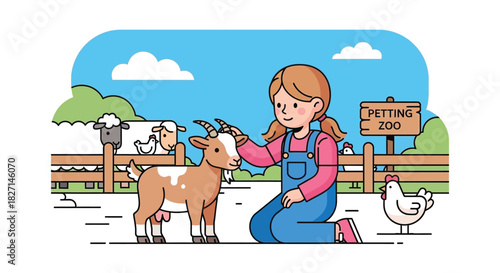 Young girl in overalls petting a small friendly goat.