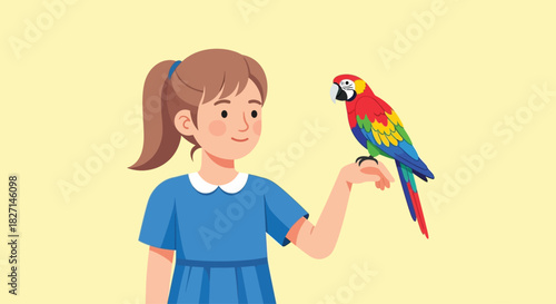 Young girl with a ponytail holding a colorful macaw parrot on her hand.