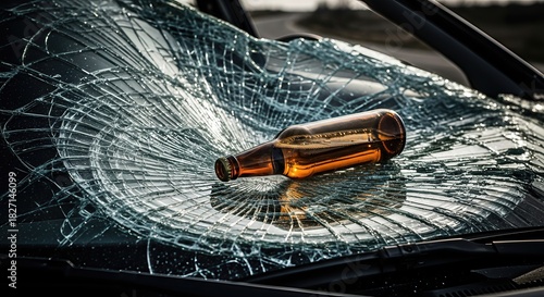 Alcoholic drink bottle on shattered windshield, consequence of impaired driving accident.