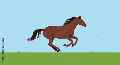 A brown horse galloping freely in a field.