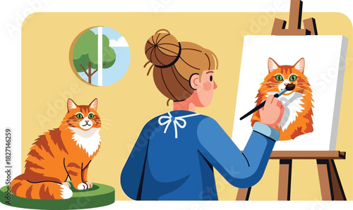 A female artist paints a detailed portrait of her ginger cat.