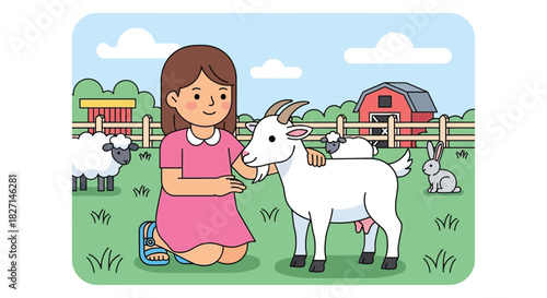 A young girl in a pink dress petting a friendly white goat.