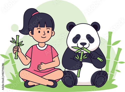 A young girl and a cute panda bear eating bamboo together.