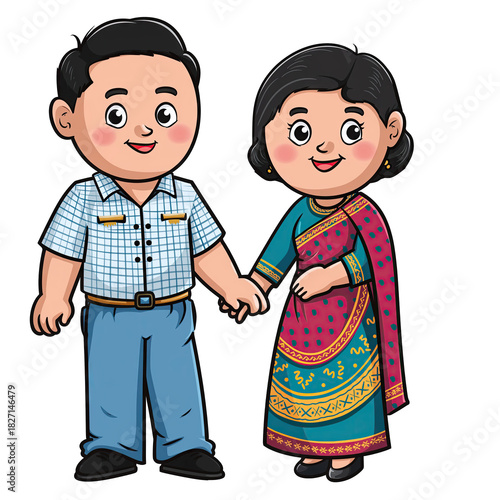 Smiling Cartoon Couple Holding Hands Dressed in Traditional Indian Attire with Blue Shirt and Saree on a White Background