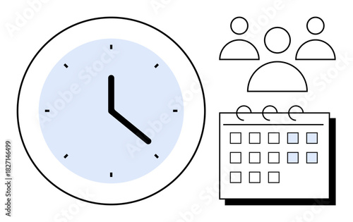 Clock indicating time, team icons, and a calendar with marked dates. Ideal for team planning, organization, time management, productivity, scheduling, coordination and simple flat metaphor