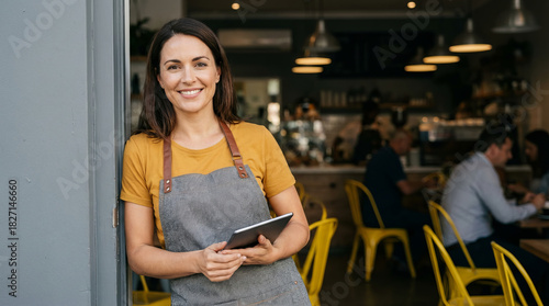 Proud entrepreneur and successful small business owner standing at her modern coffee shop entrance with a digital tablet.