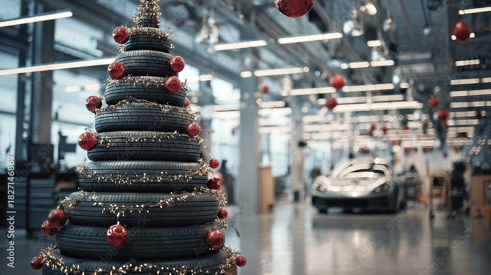 Fototapeta premium Christmas tree made of car tires and wheels on a dark background. mock up with space for text. A festive New Year's banner card for a company specializing in tuning, repair, and auto parts sales