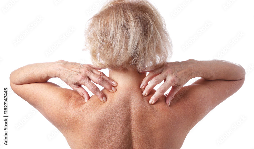 Obraz premium Senior woman touching her neck on white background, back view