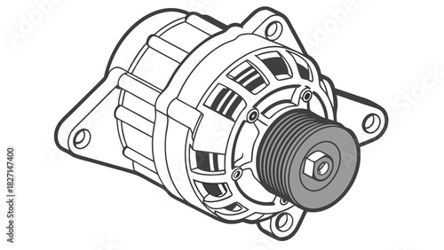 Detailed Line Art Illustration of a Car Alternator with Pulley