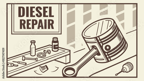 Diesel Repair Shop Illustration with Piston Tools and Signage