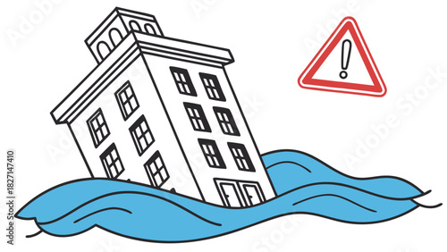 Flooded Building with Warning Sign Depicting Environmental Disaster