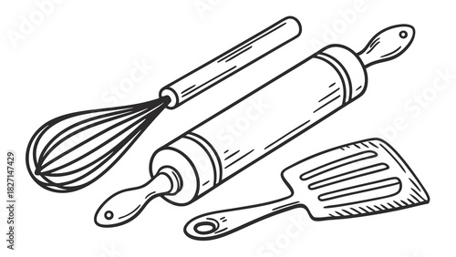 HandDrawn Kitchen Utensils Whisk Rolling Pin and Slotted Spatula
