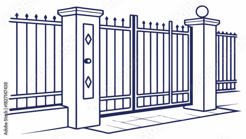 Ornate Iron Gate with Diamond Accents and Stone Pillars Illustration