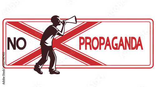 Silhouette figure shouting into megaphone against propaganda sign with red cross