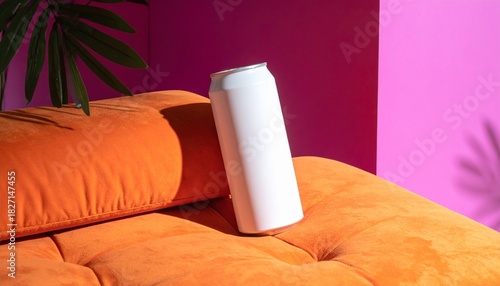 Can mockup leaning against a modern orange cushioned seat. Mock up design 