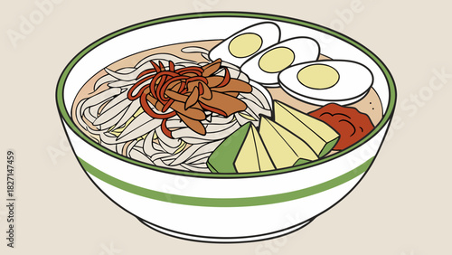 Stylized noodle bowl with sliced eggs tofu and garnish illustration