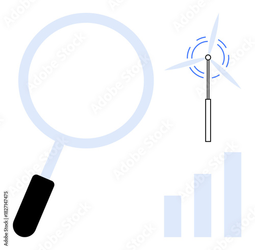 Energy analytics. Magnifying glass, wind turbine, and growth chart energy efficiency, renewable energy, and data insights. Energy analytics supports monitoring systems, sustainability, technology