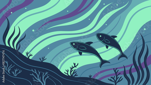 Stylized Underwater Scene Featuring Two Swimming Fish and Aquatic Plants