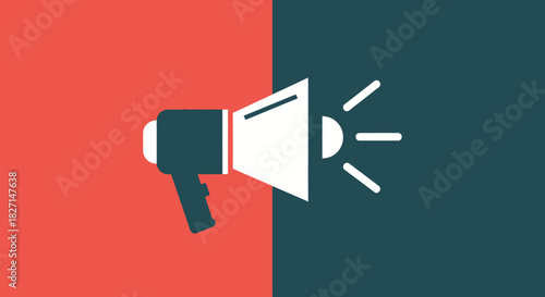 Megaphone icon announcing news on split background communication and promotion.