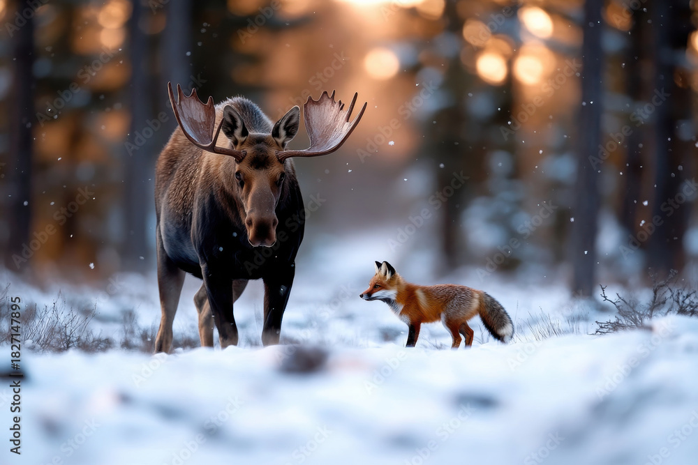 Naklejka premium An enchanting scene of a moose and a fox against a shimmering snowy background, reflecting the stunning beauty of winter wildlife and their graceful coexistence in nature.