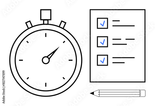 Stopwatch beside a checklist with checkmarks and a pencil. Ideal for productivity, time management, goal setting, organization, efficiency, task prioritization, planning. Simple flat metaphor