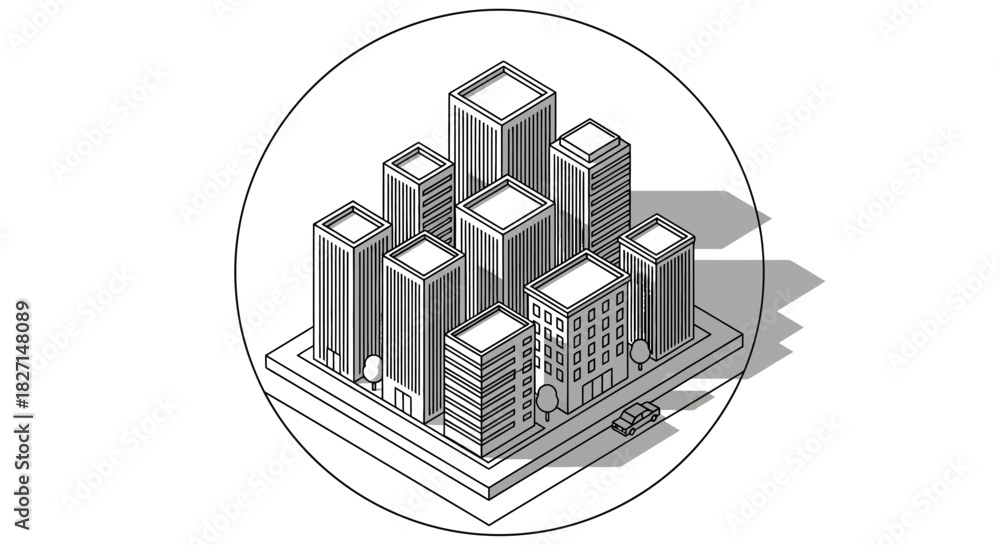 Fototapeta premium Isometric Cityscape Illustration: Modern Buildings and Urban Design.