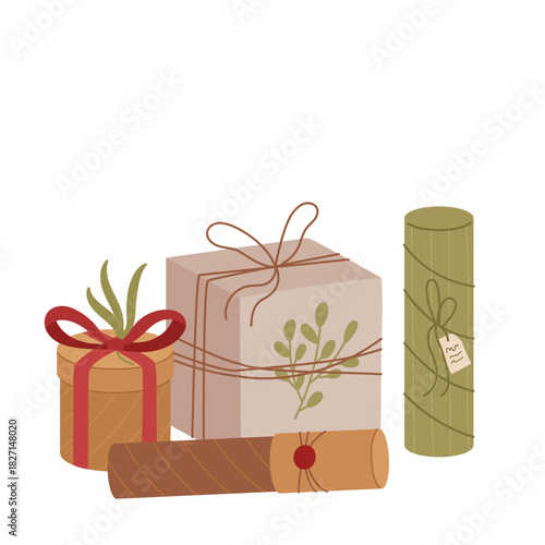 Trendy kraft gift box composition in modern craft style with eco package and ribbon. Present in natural colors and Christmas decor create a festive, sustainable holiday concept for premium graphic