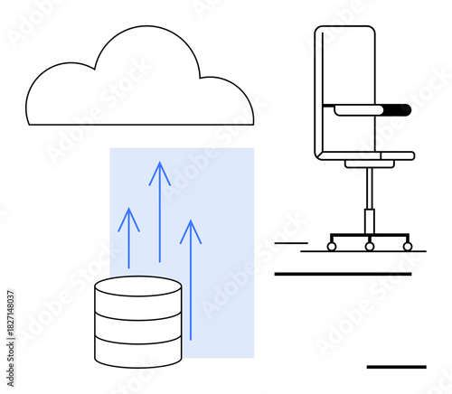 Cloud icon above database with upward arrows, next to an office chair. Ideal for technology, data storage, productivity, workplace, innovation, efficiency, simple flat metaphor