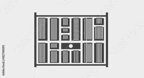 Minimalist Black and White Icon of a Wooden Storage Box with Multiple Compartments.