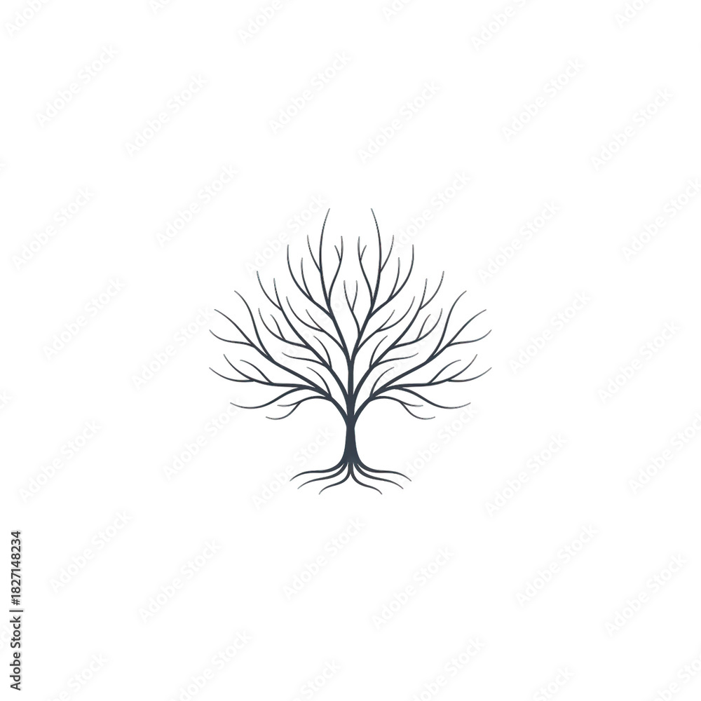 Naklejka premium Stylized Bare Tree Silhouette with Intricate Branches and Root System on a Deep Black Background Minimalist Artistic Representation of Nature and Growth