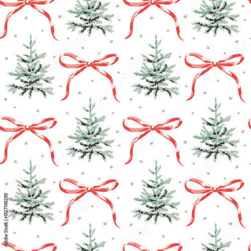 Christmas seamless pattern, fir trees, red bows, stars, white background. Vector illustration. Nature design. Season greeting. Winter holidays wrapping