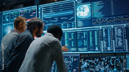 Three men observe multiple screens displaying data in a monitoring center