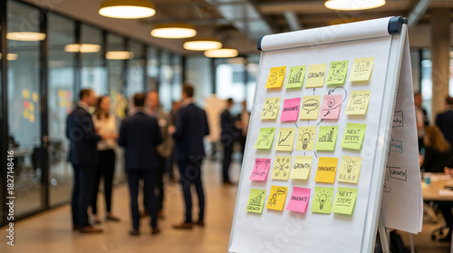 Innovation and business growth strategy on a flip chart with sticky notes during a corporate workshop or seminar.