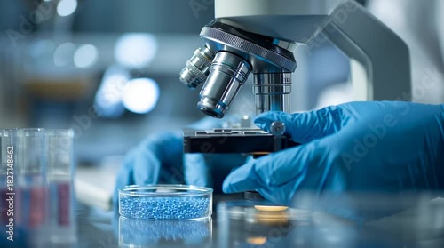 A close up of a microscope with gloved hands adjusting the sample slide